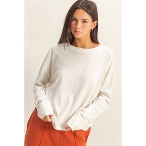 Cream White Cotton Rayon Blend Crew Neck Long Sleeve Tee